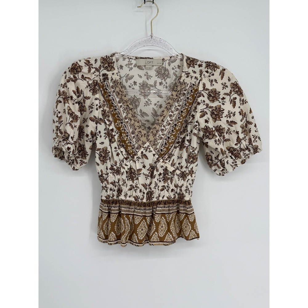LOFT Petites Brown Floral Smocked Peplum Puff Sleeve Blouse Sz XXSP